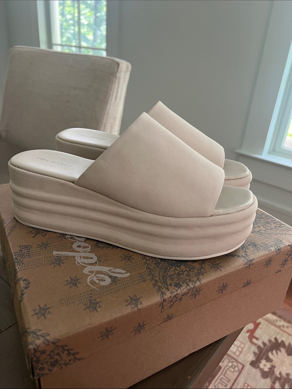 Free People Cream Slide Platform Mules